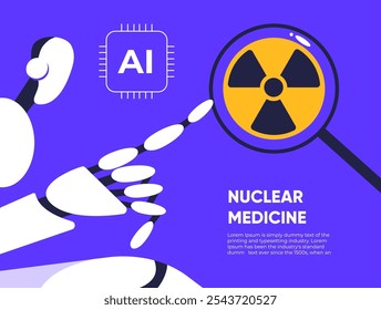 Medicina nuclear com AI Robot. Rádio e quimioterapia. Curso De Tratamento Do Câncer Humano. Ilustração de vetor plano.