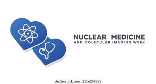 2010 "Nuclear Medicine and Molecular Imaging Week" . Coração, ciência dos ícones e estetoscópio. Ótimo para cartões, banners, cartazes, mídias sociais e muito mais. Fundo branco.