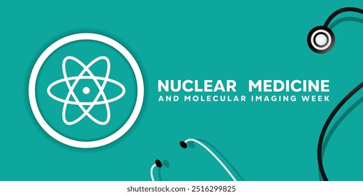 2010 "Nuclear Medicine and Molecular Imaging Week" . Ciência dos ícones e estetoscópio. Ótimo para cartões, banners, cartazes, mídias sociais e muito mais. Fundo verde.