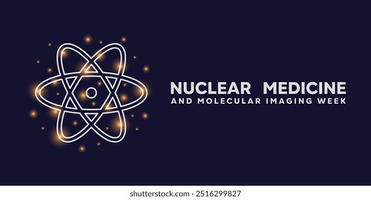 2010 "Nuclear Medicine and Molecular Imaging Week" . Ciência de ícones e luzes. Ótimo para cartões, banners, cartazes, mídias sociais e muito mais. Fundo azul escuro.