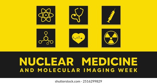 Semana de la Medicina Nuclear y la Imagen Molecular. Ciencia de iconos, estetoscopio, jeringa, célula y más. Ideal para tarjetas, Anuncios, carteles, redes sociales y más. Fondo amarillo.