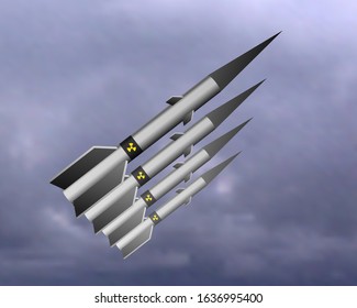 A nuclear missile flies in the sky. Vector illustration. Military forces.