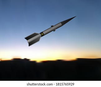 Un misil nuclear vuela en el cielo. Ilustración vectorial. Tecnología militar radiactiva.