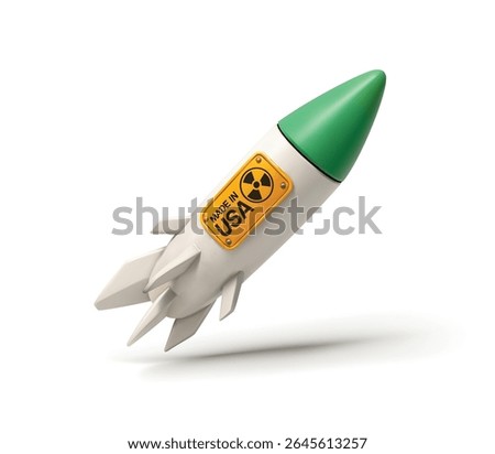 Nuclear Missile isolated vector 3d icon, with “Made in USA” Label and Radiation Symbol.