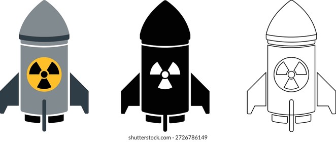 Vector de conjunto de iconos de cohetes de misiles nucleares: símbolos de cohetes de bomba atómica en color, negro y estilo de contorno