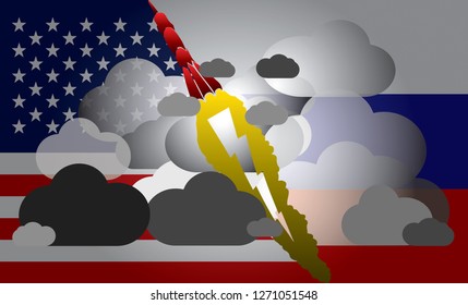 Nuclear missile separates the USA and Russian flag for the concept Nuclear confrontation. Vector illustration.
