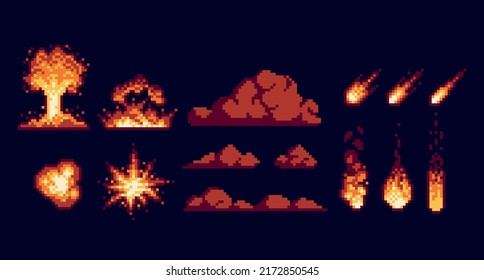 Nuclear Mushroom Cloud, Bomb Explosion Pixel Art Set. Fire Rain, Blast, Hot Comets Collection. Soot Clouds, Smoke. 8 Bit Sprite. Game Development, Mobile App.  Isolated Vector Illustration.