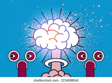 Nuclear mushroom explosion brain cartoon style design. No war peace splash grunge style poster. Vector illustration.