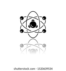 Nuclear physics drop shadow black glyph icon. Atomic structure model. Electrons, neutrons and protons. Subatomic molecular particles. Atom core elements. Nuclear matter. Isolated vector illustration
