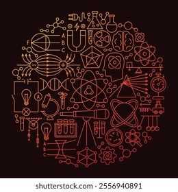 Nuclear Physics Icon Circle Concept. Vector Illustration of Outline Design. Science, Biology, Chemistry and Laboratory Objects.