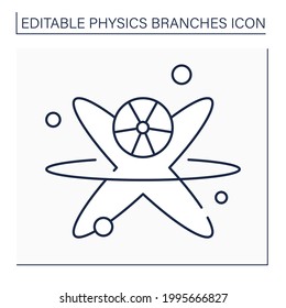 Nuclear physics line icon. Investigation of structure and properties of atomic nuclei. Nuclear reactions mechanism. Physical branches concept. Isolated vector illustration. Editable stroke