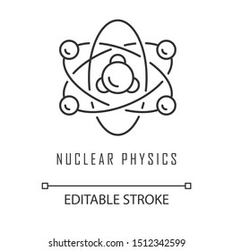 Nuclear physics linear icon. Atomic structure. Electrons, neutrons and protons. Subatomic molecular particles. Thin line illustration. Contour symbol. Vector isolated outline drawing. Editable stroke