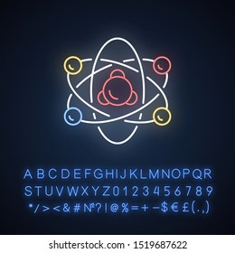 Nuclear physics neon light icon. Atomic structure model. Electrons, neutrons and protons. Subatomic molecular particles. Glowing sign with alphabet, numbers and symbols. Vector isolated illustration