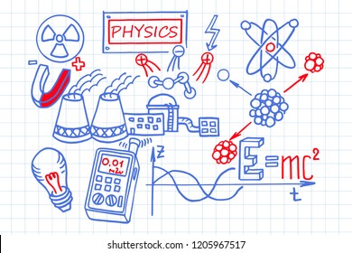 Nuclear physics. Scientific knowledge, formulas. Retro education and scientific background.  Vector hand-drawn illustration on workbook.