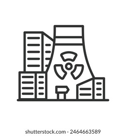 Nuclear plant in a city, in line design. Nuclear, Plant, City, Energy, Power, Environment, Industry, on white background vector. Line vector editable stroke icon.