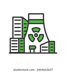 Nuclear plant in a city, in line design, green. Nuclear, Plant, City, Energy, Power, Environment, Industry, on white background vector. Line vector editable stroke icon.