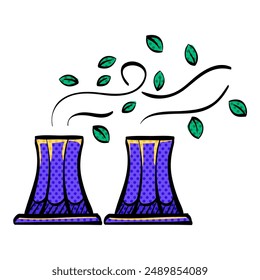 Nuclear plant with leaves halftone icon hand drawn color vector illustration