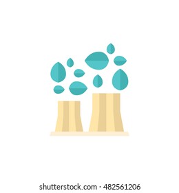 Nuclear plant with leaves icon in flat color style. Go green, environment friendly 