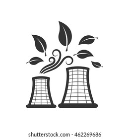 Nuclear plant with leaves icon in single grey color. Go green, environment friendly