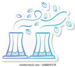 Nuclear plant with leaves icon in sticker color style. Go green, environment friendly
