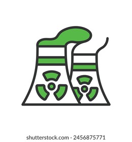 Nuclear plant, in line design, green. Nuclear plant, nuclear, plant, power, energy, reactor, electricity on white background vector. Nuclear plant editable stroke icon.