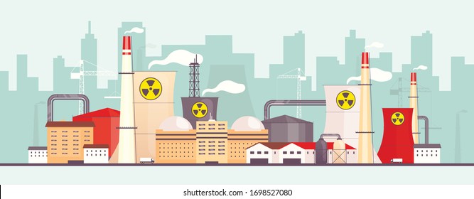 Nuclear plant near city flat color vector illustration. Air polluting power station 2D cartoon landscape with cityscape on background. Environment contamination. Dangerous factory emitting toxic smog