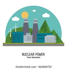 Nuclear plant power windmill sun cloud landscape mountain industry building chimney icon. Arch and Colorfull illustration. Vector graphic