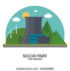 Nuclear plant power windmill sun cloud landscape mountain industry building chimney icon. Arch and Colorfull illustration. Vector graphic
