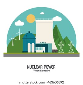 Nuclear plant power windmill sun cloud landscape mountain industry building chimney icon. Arch and Colorfull illustration. Vector graphic