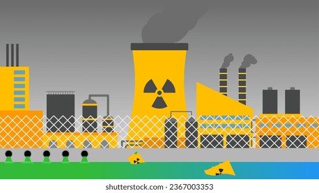 Landschaft radioaktiver Abfälle von Kernkraftwerken, Vektorgrafik. Soziale Frage der Verunreinigung von Kernkraftwerken durch Wasser und Luft. Illustration illegaler Abfälle von Kernkraftwerken in die Umwelt