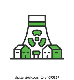 Nuclear plant in a village, in line design, green. Nuclear, Plant, Village, Energy, Power, Rural, Reactor, on white background vector. Nuclear plant in a village editable stroke icon.