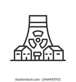 Nuclear plant in a village, in line design. Nuclear, Plant, Village, Energy, Power, Rural, Reactor, on white background vector. Nuclear plant in a village editable stroke icon.