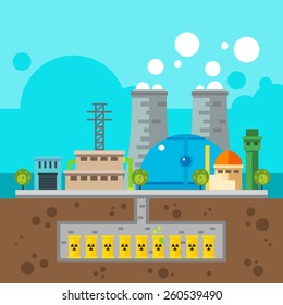 Nuclear plant and nuclear waste underground Flat design illustration vector