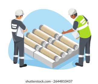 Trabalhadores de usinas nucleares inspecionando feixes de barras de combustível na paleta de armazenamento durante o processo de controle de qualidade na instalação de fabricação de combustível de urânio
