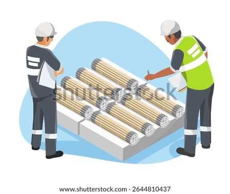 Nuclear plant workers inspecting fuel rods bundles on storage pallet during quality control process in uranium fuel fabrication facility
