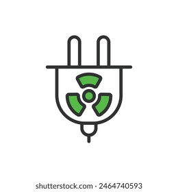 Nuclear plug, in line design, green. Nuclear, Plug, Power, Energy, Connector, Electricity, Reactor, on white background vector. Nuclear plug editable stroke icon.