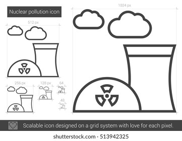 Ícone de linha vetorial de poluição nuclear isolado no fundo branco. Ícone de linha de poluição nuclear para infográfico, site ou aplicativo. Ícone escalável projetado em um sistema de grade.