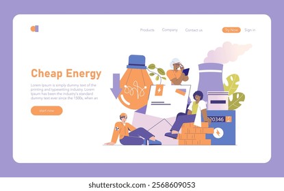 Nuclear power concept. Affordable energy production with professionals working at a nuclear plant. Clean energy, technology, and industry growth. Vector illustration.