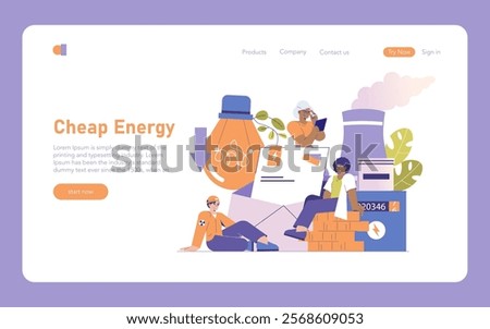 Nuclear power concept. Affordable energy production with professionals working at a nuclear plant. Clean energy, technology, and industry growth. Vector illustration.