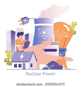 Nuclear Power concept. Clean energy generation, modern electricity through atomic innovation, and atomic science advancement. Vector illustration.