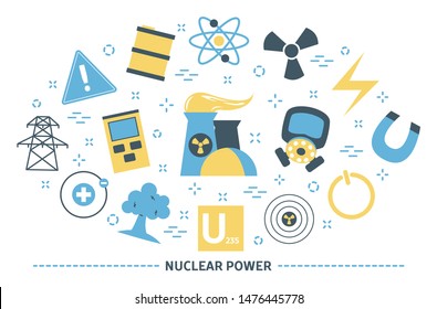 Nuclear power concept. Factory building, chemical environment. Nuclear station. Collection of colorful icons. Isolated flat vector illustration