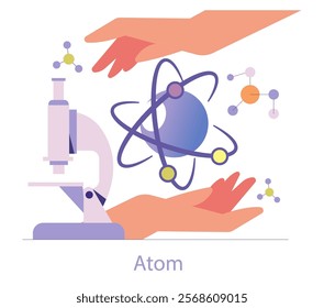 Nuclear power concept. Hands cradling an atom with a microscope, symbolizing scientific research and energy. Atomic structure and nuclear energy. Vector illustration.