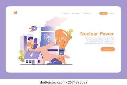 Nuclear Power concept. Illustration of energy production with a cooling tower, light bulb, and residential house. Clean electricity generation theme. Vector illustration.