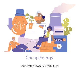 Nuclear power concept. Workers around cooling tower and energy symbols reflect affordable electricity generation. Sustainable power industry. Vector illustration.