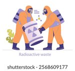 Nuclear power concept. Workers in hazmat suits handle radioactive waste, ensuring safe disposal. Safety and environmental protection in energy industry. Vector illustration.