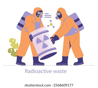 Nuclear power concept. Workers in hazmat suits handle radioactive waste, ensuring safe disposal. Safety and environmental protection in energy industry. Vector illustration.