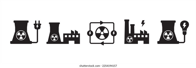 Nuclear power electricity icon set. Power related icons. Green energy vector icons set. Renewable nuclear reactor power generator symbol. Clean energy source illustration.