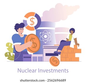 Nuclear power investment concept. Illustration of investors managing funds in atomic energy plants. Economic support for nuclear industry growth. Vector illustration.