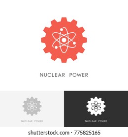Nuclear power logo - atom and gear wheel or pinion symbol. Atomic energy, industry and ecology vector icon.