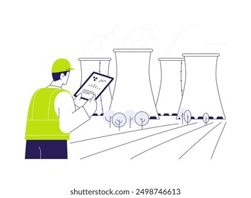 Nuclear power plant abstract concept vector illustration. Engineer standing near nuclear power plant, sustainable technology, renewable energy, producing electricity abstract metaphor.